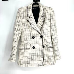 Zara Textured Tweed Blazer Double Breasted Jacket XS Black White